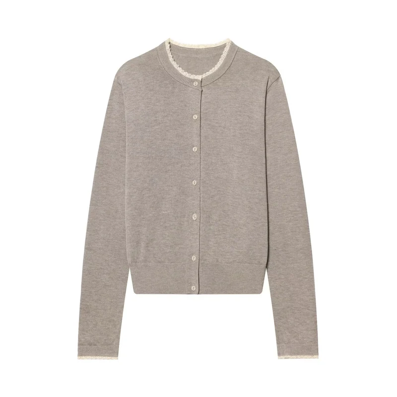 Damen Feinstrick-Cardigan mit Rundhals, Knopfleiste und Spitzenbesatz Drune
