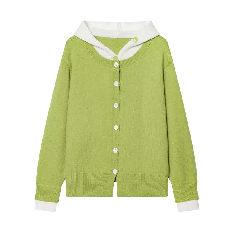 Damen Feinstrick-Cardigan mit Kapuze, Kontrastfutter und Knopfleiste Drune
