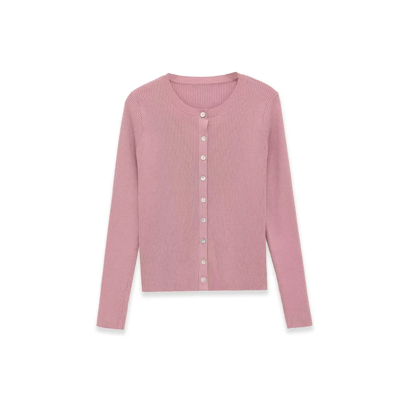 Damen Feinripp-Feinstrick-Cardigan mit durchgehender Knopfleiste und Rundhalsausschnitt Drune
