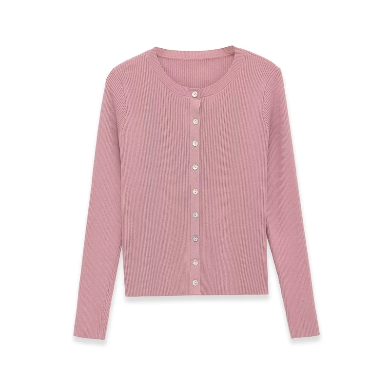 Damen Feinripp-Feinstrick-Cardigan mit durchgehender Knopfleiste und Rundhalsausschnitt Drune