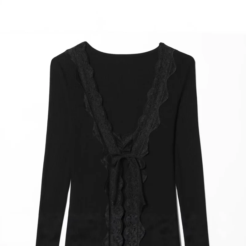 Damen Feines Rippstruktur-Longsleeve mit tiefem V‑Ausschnitt, breiter Spitzenblende und Zierband Drune