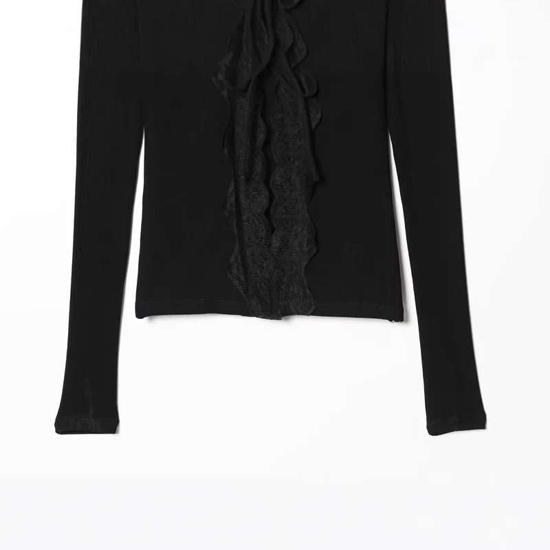 Damen Feines Rippstruktur-Longsleeve mit tiefem V‑Ausschnitt, breiter Spitzenblende und Zierband Drune