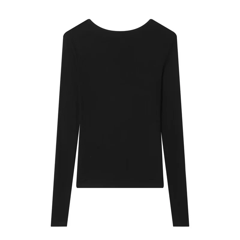 Damen Feines Rippstruktur-Longsleeve mit tiefem V‑Ausschnitt, breiter Spitzenblende und Zierband Drune