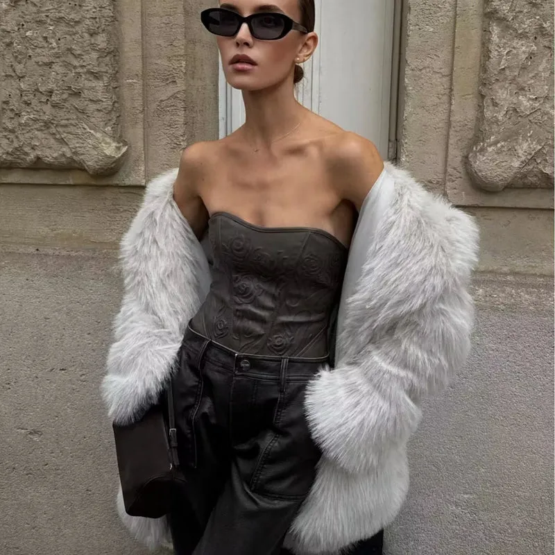 Damen Faux-Fur-Mantel mit Oversize-Schalkragen und langem, taillenfreiem Schnitt Drune