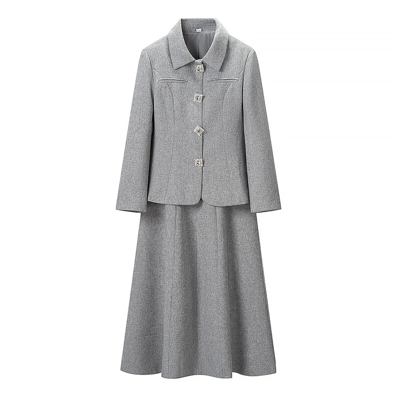 Damen Elegantes zweiteiliges Wollmisch-Kostüm mit tailliertem Kurzblazer und ausgestelltem Midirock Drune