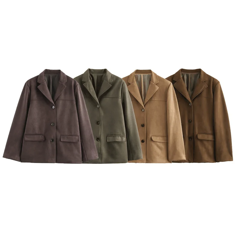 Damen elegante Velours-Optik Blazerjacke mit Reverskragen und Pattentaschen Drune