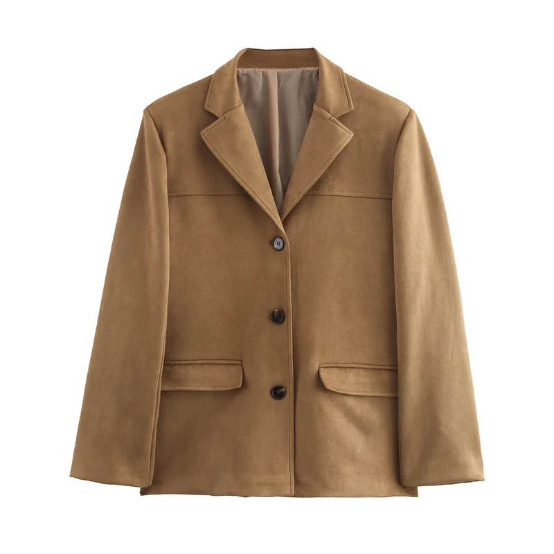 Damen elegante Velours-Optik Blazerjacke mit Reverskragen und Pattentaschen Drune