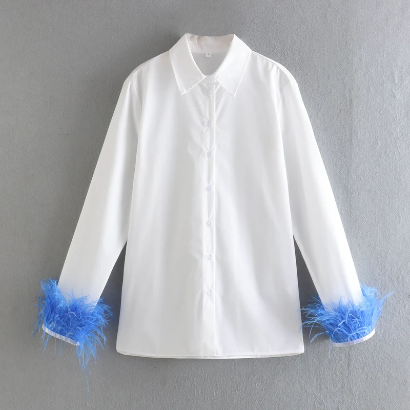 Damen Elegante Baumwollbluse mit Federbesatz an Manschetten und klassischem Hemdkragen Drune