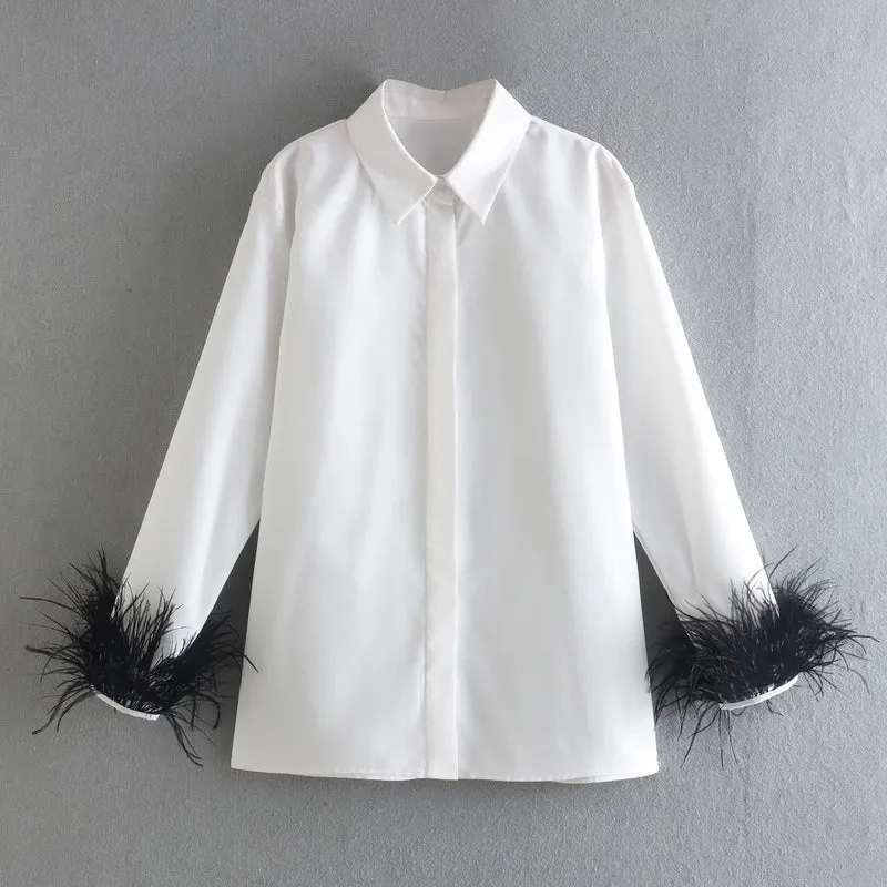 Damen Elegante Baumwollbluse mit Federbesatz an Manschetten und klassischem Hemdkragen Drune