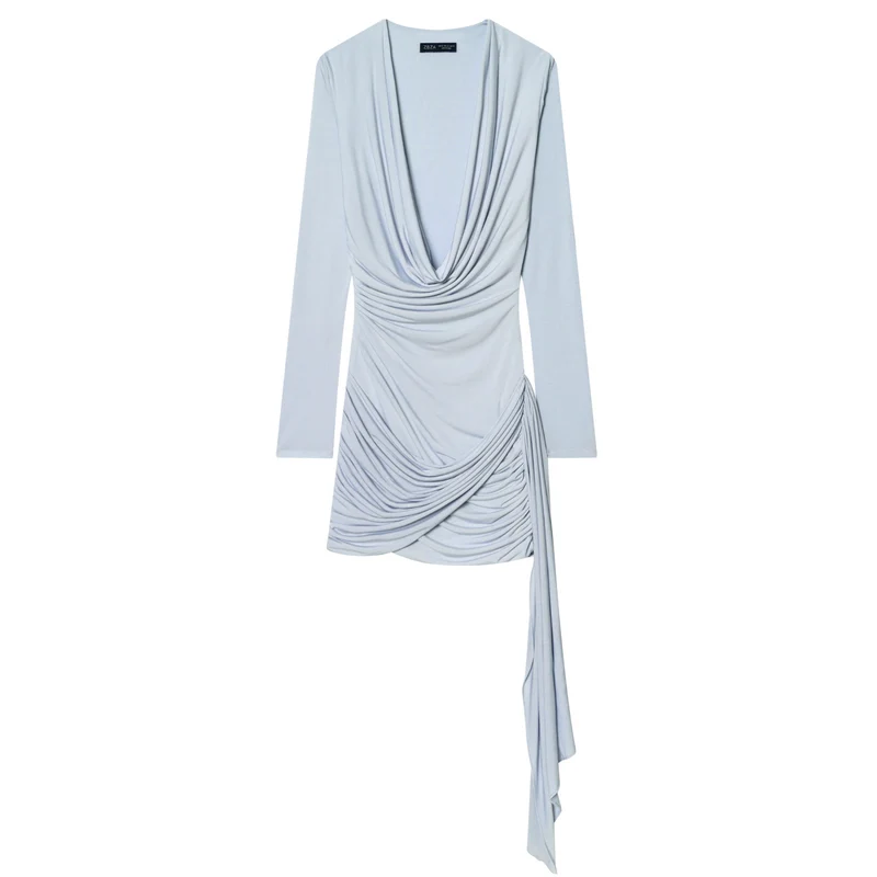 Damen Drapiertes Jersey-Minikleid mit tiefem Wasserfall-Ausschnitt und seitlicher Kordel Drune