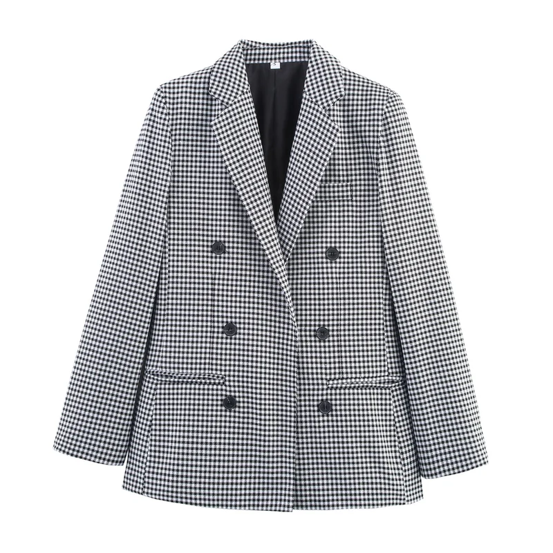 Damen Doppelreihiger Wollmix-Blazer im Glencheck/Hahnentritt mit leicht boxy Schnitt Drune