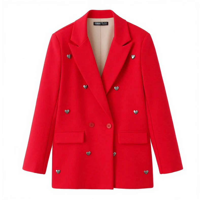 Damen Doppelreihiger Blazer mit herzförmigen Metallknöpfen, Pattentaschen und tailliertem Schnitt Drune