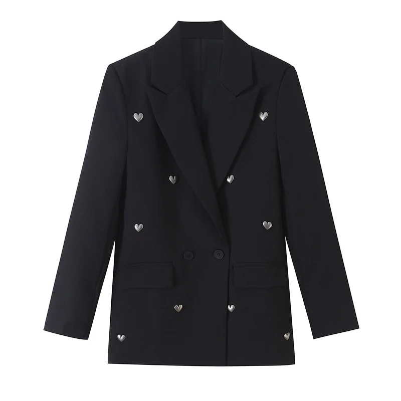 Damen Doppelreihiger Blazer mit herzförmigen Metallknöpfen, Pattentaschen und tailliertem Schnitt Drune