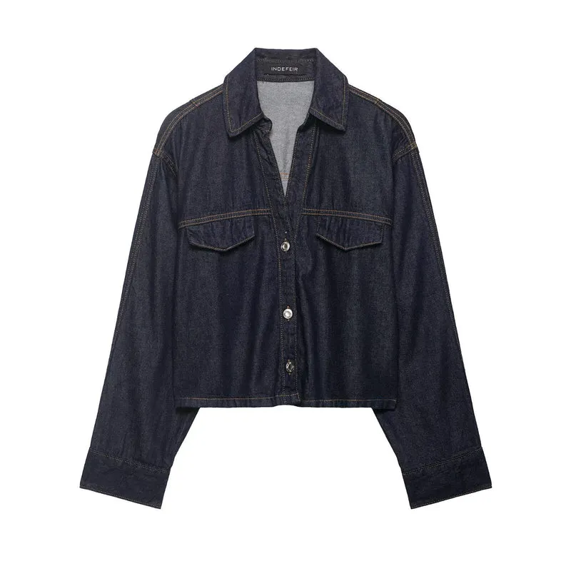Damen Denim-Zweiteiler mit Cropped-Workerjacke und weiter High‑Waist-Hose Drune