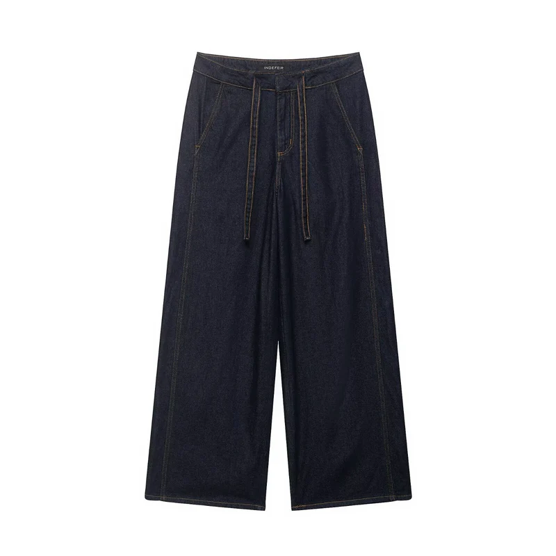 Damen Denim-Zweiteiler mit Cropped-Workerjacke und weiter High‑Waist-Hose Drune