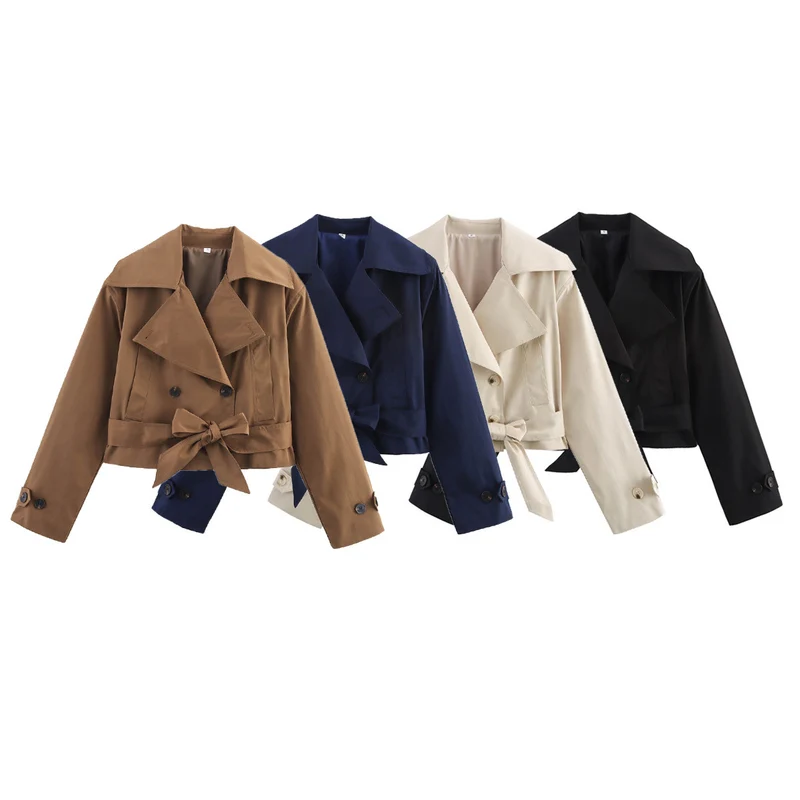 Damen Cropped Trenchjacke mit breitem Revers, Taillengürtel und Doppelknopfreihe Drune