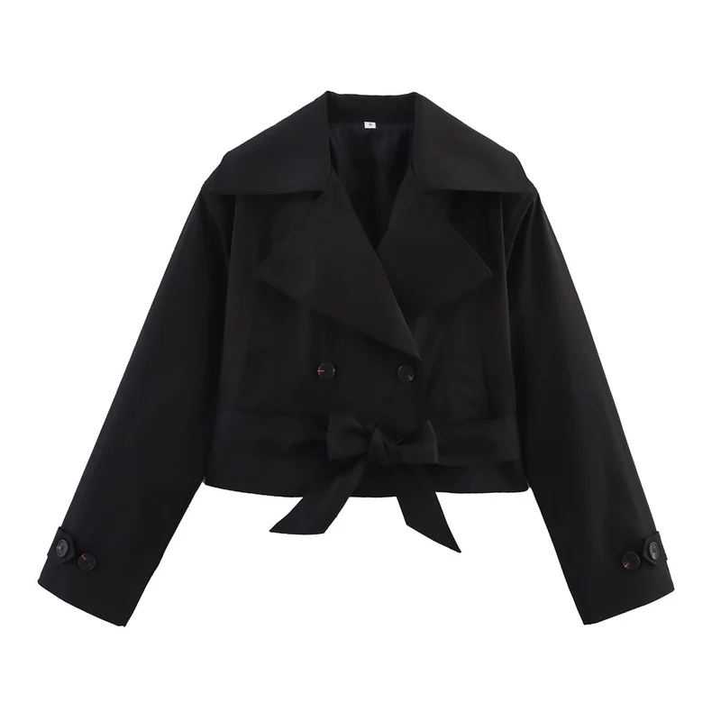 Damen Cropped Trenchjacke mit breitem Revers, Taillengürtel und Doppelknopfreihe Drune