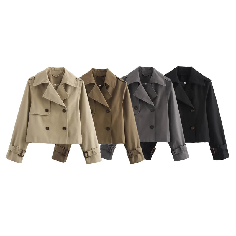 Damen Cropped-Trenchjacke im Boxy‑Schnitt mit Doppelreiher und Manschettenriemen Drune
