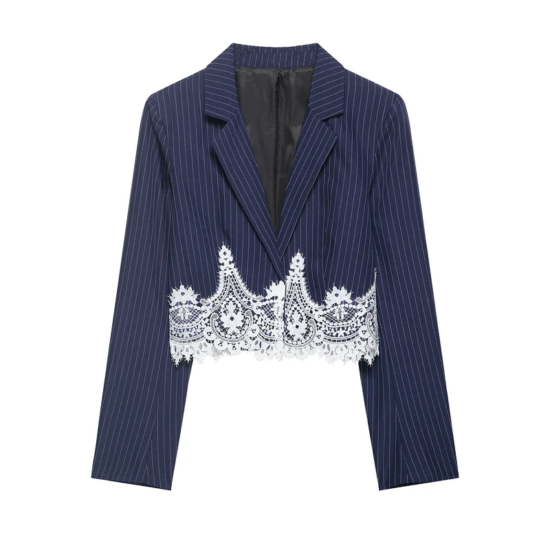 Damen Cropped Nadelstreifen-Blazer mit Spitzenbesatz und taillierter Silhouette Drune