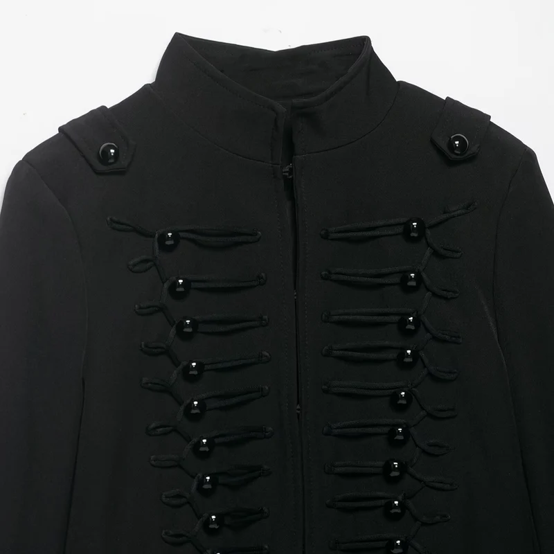 Damen Cropped Militärblazer mit Stehkragen und dekorativen Froschverschlüssen Drune