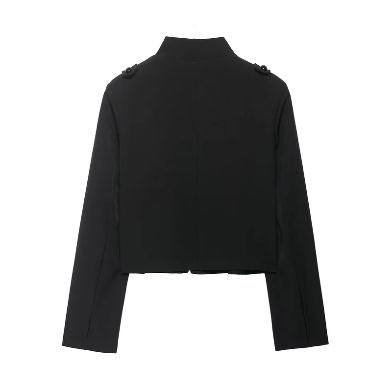 Damen Cropped Militärblazer mit Stehkragen und dekorativen Froschverschlüssen Drune