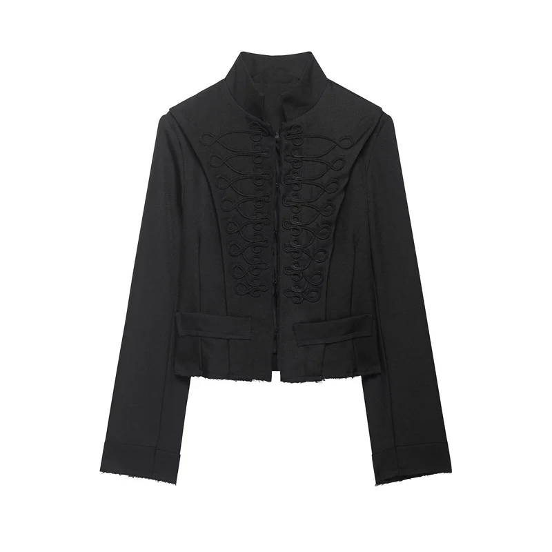 Damen Cropped‑Militärblazer mit Stehkragen, dekorativen Schlaufen und fransigem Saum Drune