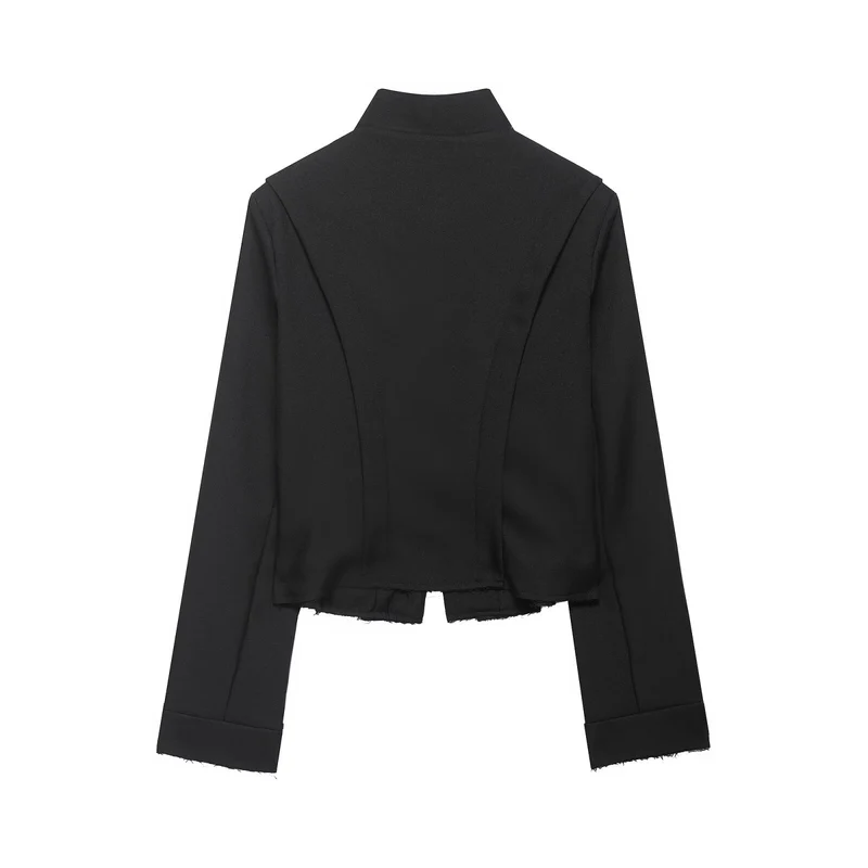Damen Cropped‑Militärblazer mit Stehkragen, dekorativen Schlaufen und fransigem Saum Drune