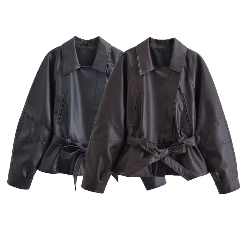 Damen Cropped-Lederoptik-Blouson mit Wickelgürtel, Oversize-Ärmeln und markanten Ziernähten Drune