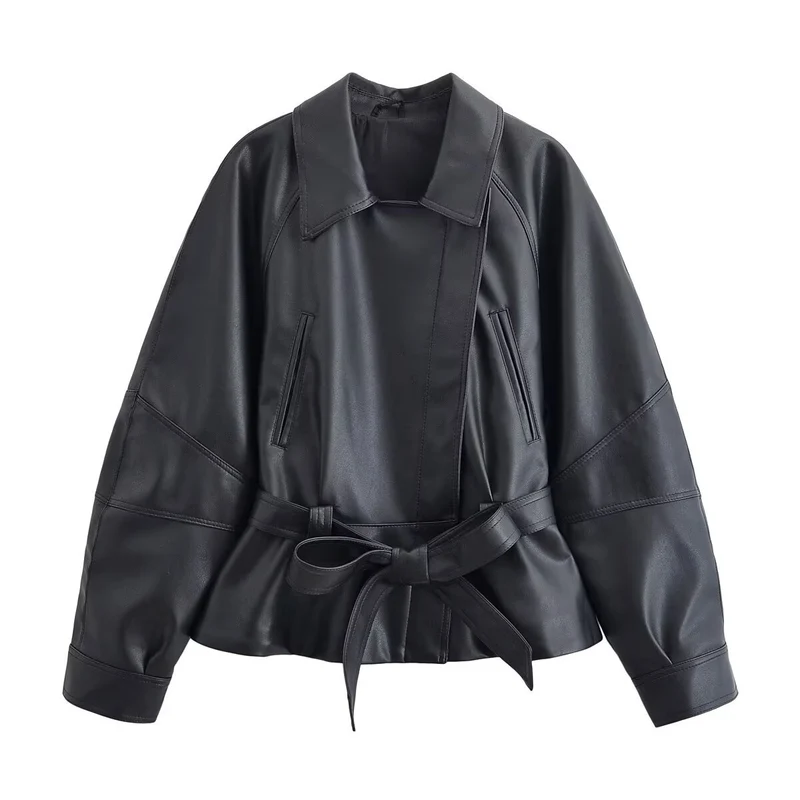 Damen Cropped-Lederoptik-Blouson mit Wickelgürtel, Oversize-Ärmeln und markanten Ziernähten Drune