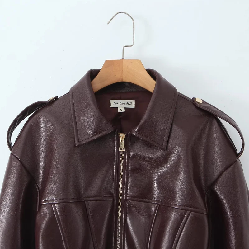 Damen Cropped-Lederjacke mit taillierter Korsett-Optik, Schulterriegeln und Reißverschluss Drune