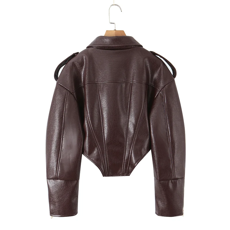 Damen Cropped-Lederjacke mit taillierter Korsett-Optik, Schulterriegeln und Reißverschluss Drune