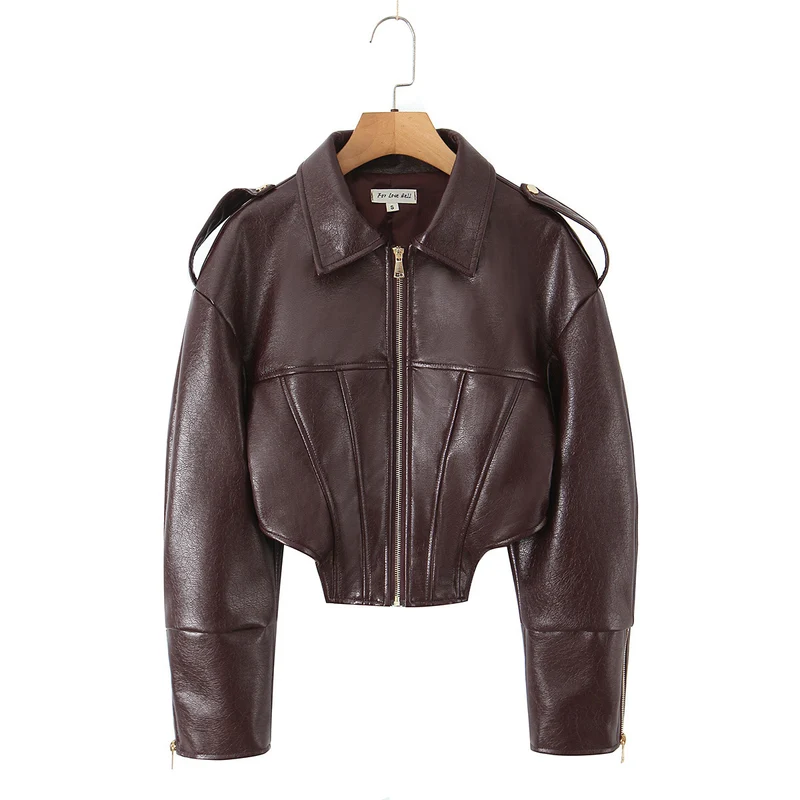 Damen Cropped-Lederjacke mit taillierter Korsett-Optik, Schulterriegeln und Reißverschluss Drune