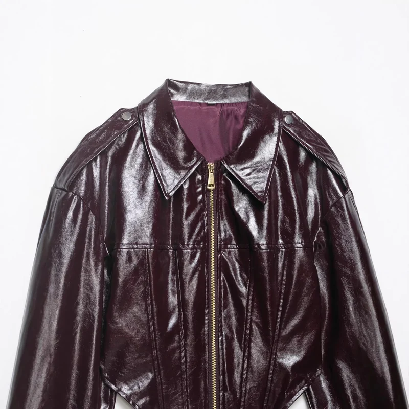 Damen Cropped Lackleder-Optik Bikerjacke mit Oversize-Ärmeln, Schulterklappen und durchgehendem Frontzip Drune