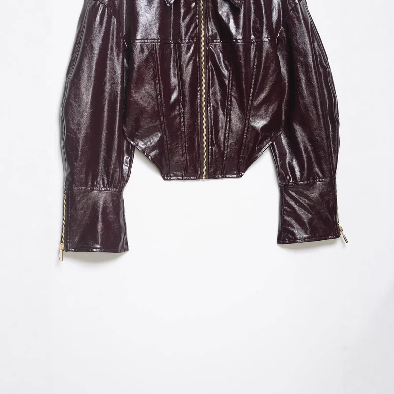 Damen Cropped Lackleder-Optik Bikerjacke mit Oversize-Ärmeln, Schulterklappen und durchgehendem Frontzip Drune
