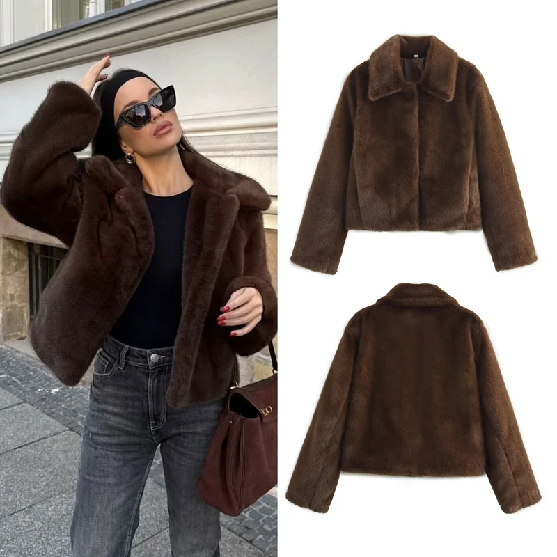 Damen Cropped Kunstfell‑Blouson mit Umlegekragen und weichem Teddy‑Fauxfur Drune