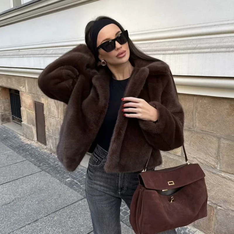 Damen Cropped Kunstfell‑Blouson mit Umlegekragen und weichem Teddy‑Fauxfur Drune