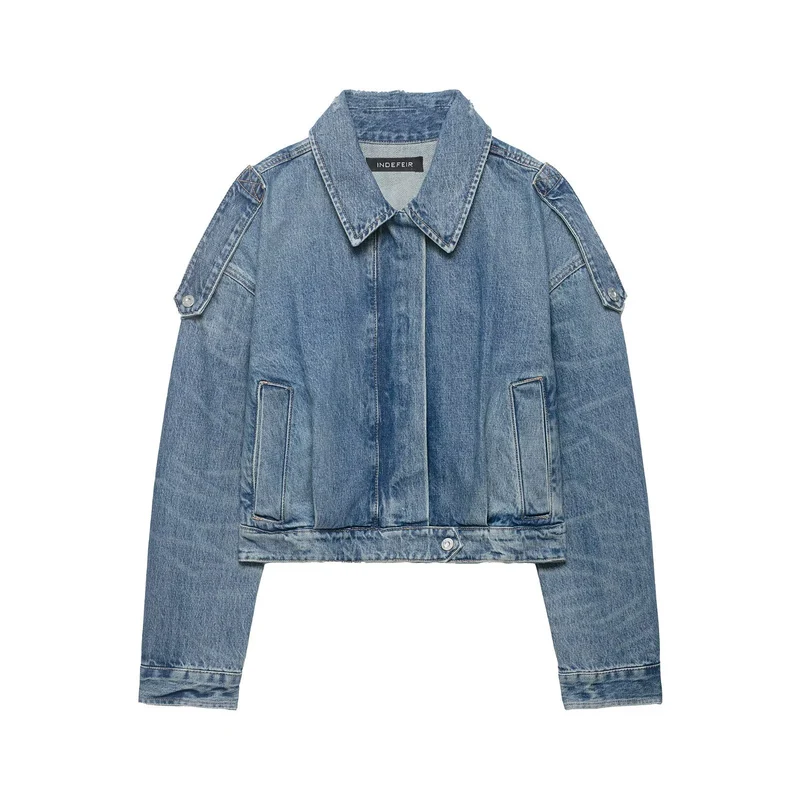 Damen Cropped Jeansjacke mit Epauletten, verdeckter Knopfleiste und Taillenriegel Drune