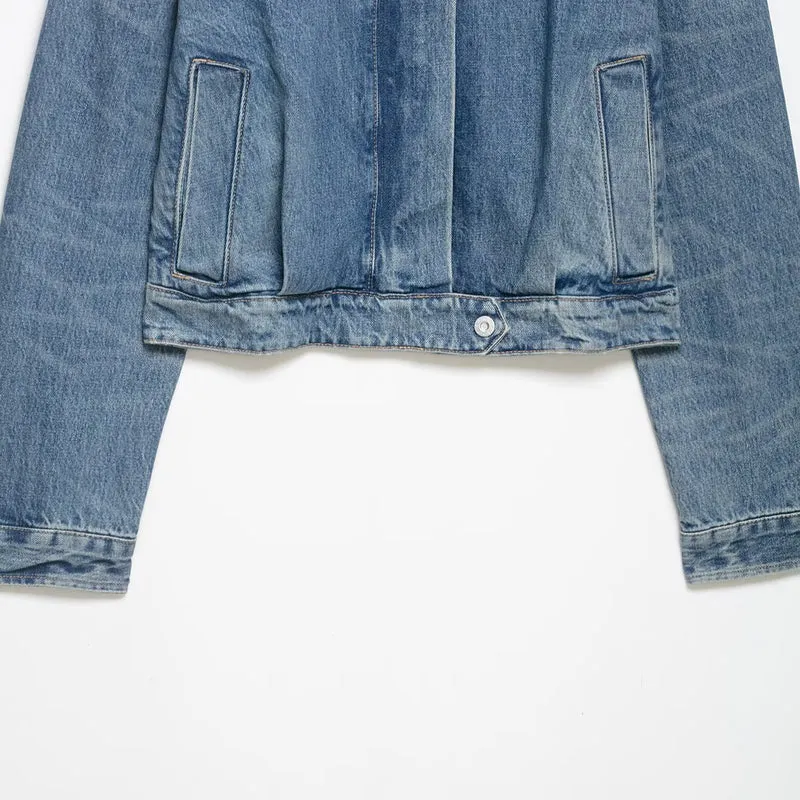 Damen Cropped Jeansjacke mit Epauletten, verdeckter Knopfleiste und Taillenriegel Drune
