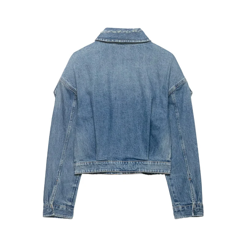 Damen Cropped Jeansjacke mit Epauletten, verdeckter Knopfleiste und Taillenriegel Drune