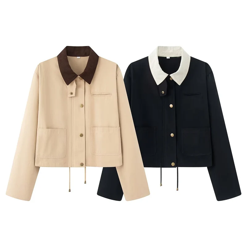 Damen Cropped-Fieldjacke mit Cordkragen, Druckknopfleiste und Tunnelzug Drune