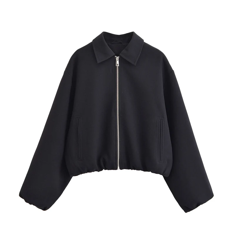 Damen Cropped Bomberjacke mit Ballonärmeln, Stehkragen und elastischem Saum Drune