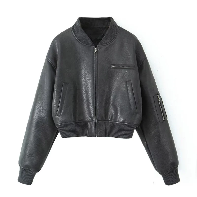 Damen Cropped-Bomberjacke in Vintage-Lederoptik mit Ärmeltasche und breitem Rippbündchen Drune