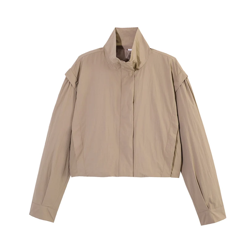 Damen Cropped-Blouson mit Stehkragen, geraffter Schulterpasse und weitem Ballonärmel Drune