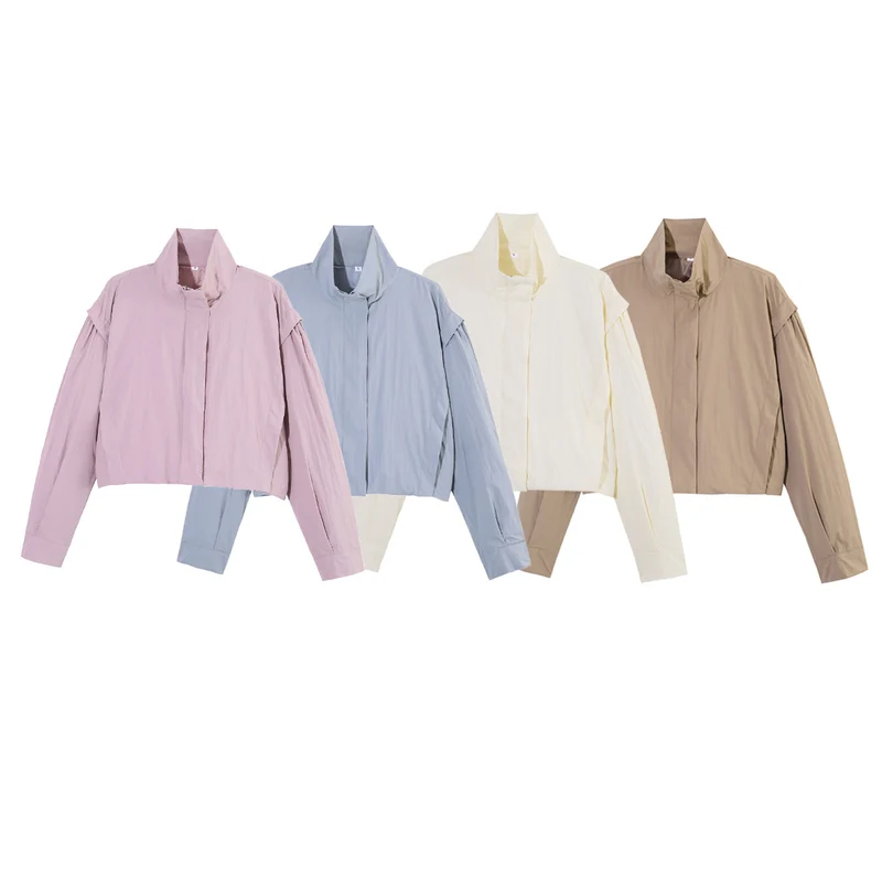 Damen Cropped-Blouson mit Stehkragen, geraffter Schulterpasse und weitem Ballonärmel Drune