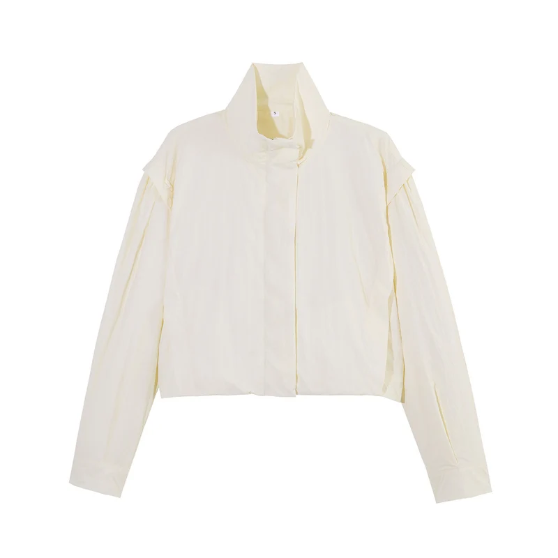 Damen Cropped-Blouson mit Stehkragen, geraffter Schulterpasse und weitem Ballonärmel Drune