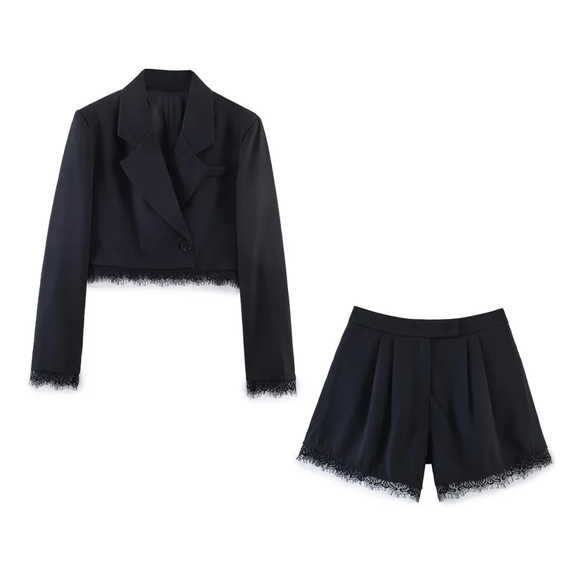 Damen Cropped-Blazer mit Spitzenbordüre, taillierter Ein-Knopf-Silhouette Drune