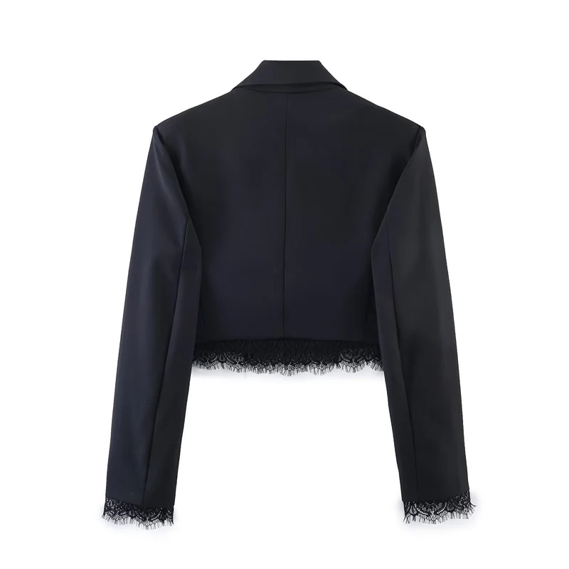 Damen Cropped-Blazer mit Spitzenbordüre, taillierter Ein-Knopf-Silhouette Drune