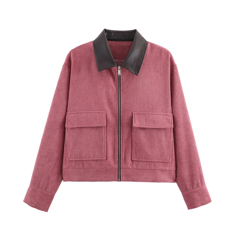 Damen Cordjacke mit Reißverschluss, Kunstlederkragen und aufgesetzten Taschen Drune