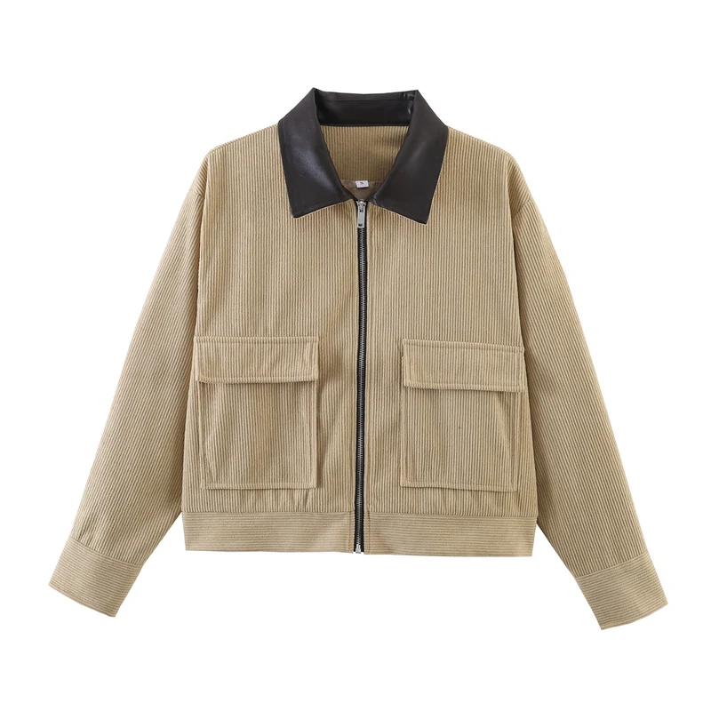 Damen Cordjacke mit Reißverschluss, Kunstlederkragen und aufgesetzten Taschen Drune