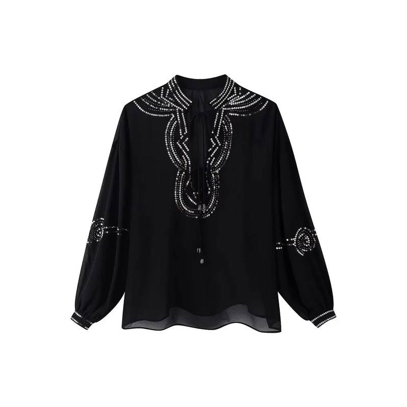 Damen Chiffonbluse mit Paillettenbesatz, Ballonärmeln und Bindekragen Drune